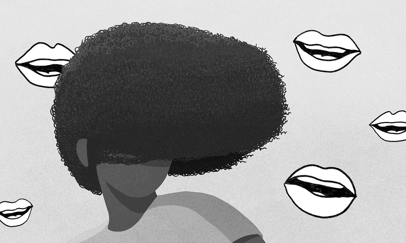 Illustration by Malte Mueller of Black Person whose hair is cover their face and the background has illustrated mouths scattered throughout