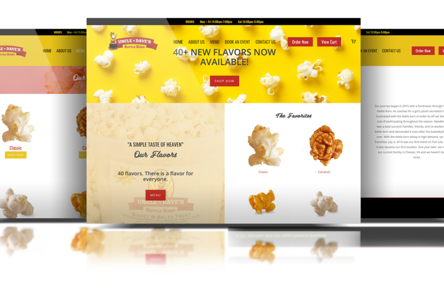 Mockup of Uncle Daves Kettle Korn ecommerce food service website designed and developed by Streamlined Media & Communications